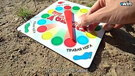 Unforgettable twister strip game in forest! Double blowjob challenge awaits!