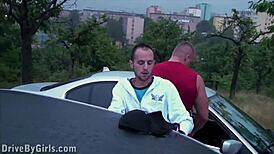 Girl Teases With Ass Out Car Window For Public Gangbang