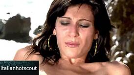 sexy brunette gets assfucked near sea with cum in mouth