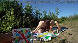 Unforgettable twister strip game in forest! Double blowjob challenge awaits!