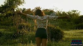 czech milf anetta keys rips clothes for outdoor striptease, revealing her shaved small tits