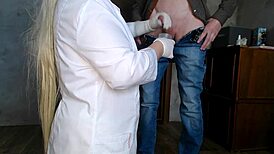 Kneeling milf nurse takes cum for analysis after intense patient session. Her skills amaze!