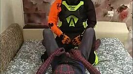 Spiderman in spandex fucks biker in gay encounter