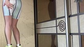 Cute girl shows elastic shape on camera.