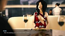 omg, givin a footjob in a restaurant, sexy 3d cartoon style, oops!