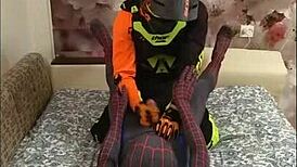 Spiderman in spandex fucks biker in gay encounter