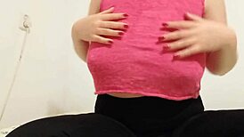 cowgirl in pink top, 'want to see me play with big boobs?'