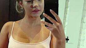 Teen Mia Piper strips and masturbates in front of mirror, ripping clothes off her big tits.