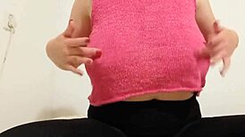 cowgirl in pink top, 'want to see me play with big boobs?'