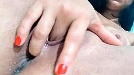 Hey, this hot Colombian babe is fucking her creamy pussy till she squirts all over.