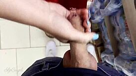 helping a guy shoot his load in risky supermarket public spot