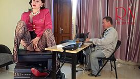 Giantess secretary seduces boss backstage, showing huge pussy and masturbating