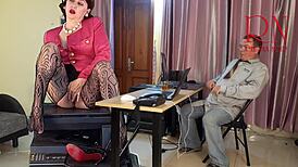 Giantess secretary seduces boss backstage, showing huge pussy and masturbating