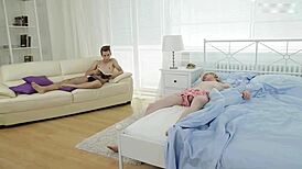 cute twinks engaging in bareback sex on the bed, leading to cum