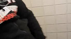 Wow, gym bathroom action with sheer views!