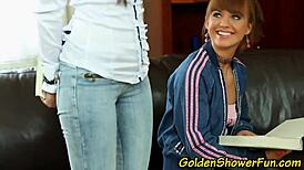 lesbian threesome with golden shower and fingering, old glamour group using toys