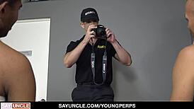 Twinks grilled by guards. Then fucked hard by Young Perps crew