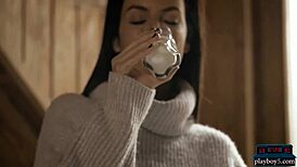 Perfect Brunette Babe with Big Tits Gives Striptease and Poses Outdoors