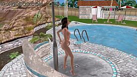 Cute Girl in Animated 3D Cartoon Gives Sexy Poses and Showers Near Pool!