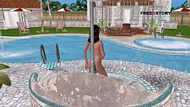 Cute Girl in Animated 3D Cartoon Gives Sexy Poses and Showers Near Pool!