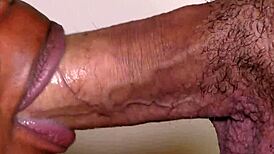 बड़ा सफेद लंड एबोनी स्लट के मुंह में निकलता है और निगलती है