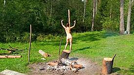 Hot Brunette Bent Over for Doggystyle Anal Creampie in Forest