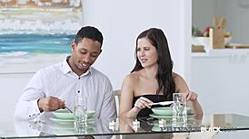 Blue eyed brunette grips big black cock with both hands, wow!