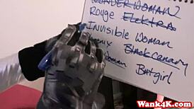 superhero cosplay babe gets fourway facialized