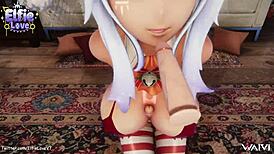 In this hentai vrchat scene, elfie love gives a blowjob and cumshot on her tits in 3d mmd