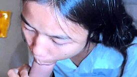 18yo thai student in uniform struggles with huge white cock