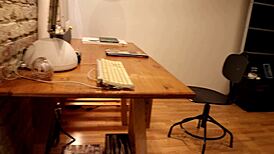 Cute secretary with big tits gets my load while jerking me off at home.