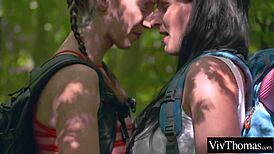 Hey, horny lesbian lovers licking wet pussy and finger-banging outdoors feels so wild!