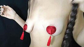 Young Girl Boldly Plays Her Natural Tits With Nipple Stickers