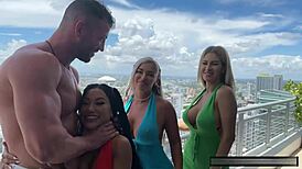 Three busty beauties devour Maximo Garcia in wild group action