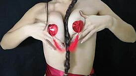 Young Girl Boldly Plays Her Natural Tits With Nipple Stickers