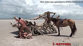 Natural hottie endures rough double penetration by fuck machine on beach