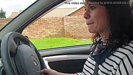 Hey, wanna watch this skinny brunette rub her pussy outside a car?