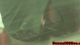 Hey, that classy office babe in glasses is fucking her co-worker with stockings and upskirt tease