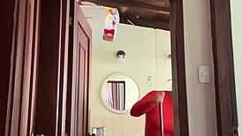 my cute milf neighbor masturbates in the bathroom and gets a creampie