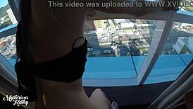Step sister gets cum in pussy at hotel window while people watch! Mysterious Kathy moans loudly.
