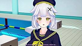 Detailed 3D cartoon scene at the pool featuring anime characters by badpoipoi