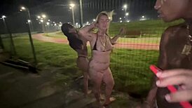 Brazilian teen and friend bare it all for strangers in public street romp
