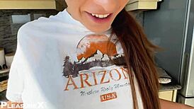 Latina teen makes him cum hard in the kitchen while cooking.