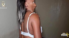 Attractive interracial brunette with big ass and well-endowed partner enjoying a tasty moment on Prime.