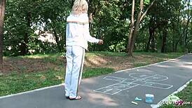 German teen persuaded for blowjob on playground for money