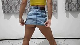 Hey, hot married blonde, why tease the young guy in jeans and strip for him?