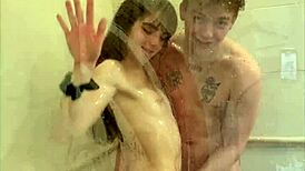 Megan Marx tries messy shower sex positions with cumshot.