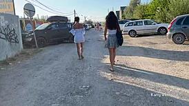 Two Girls Flash Pussies in Public Without Panties