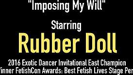 Latex Bikini Rubberdoll Dominates With Dildo And Orgasm For Her Slaves