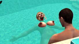 Neighbor Enjoys Bimbo Stepmom's Big Tits and Masturbation by the Pool in Fantasy Roleplay
